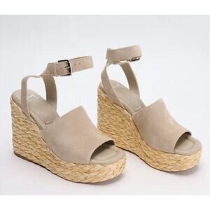 New Marc Fisher LTD Nelly Suede Espadrille Wedge Sandals Ankle Strap Natural 10M